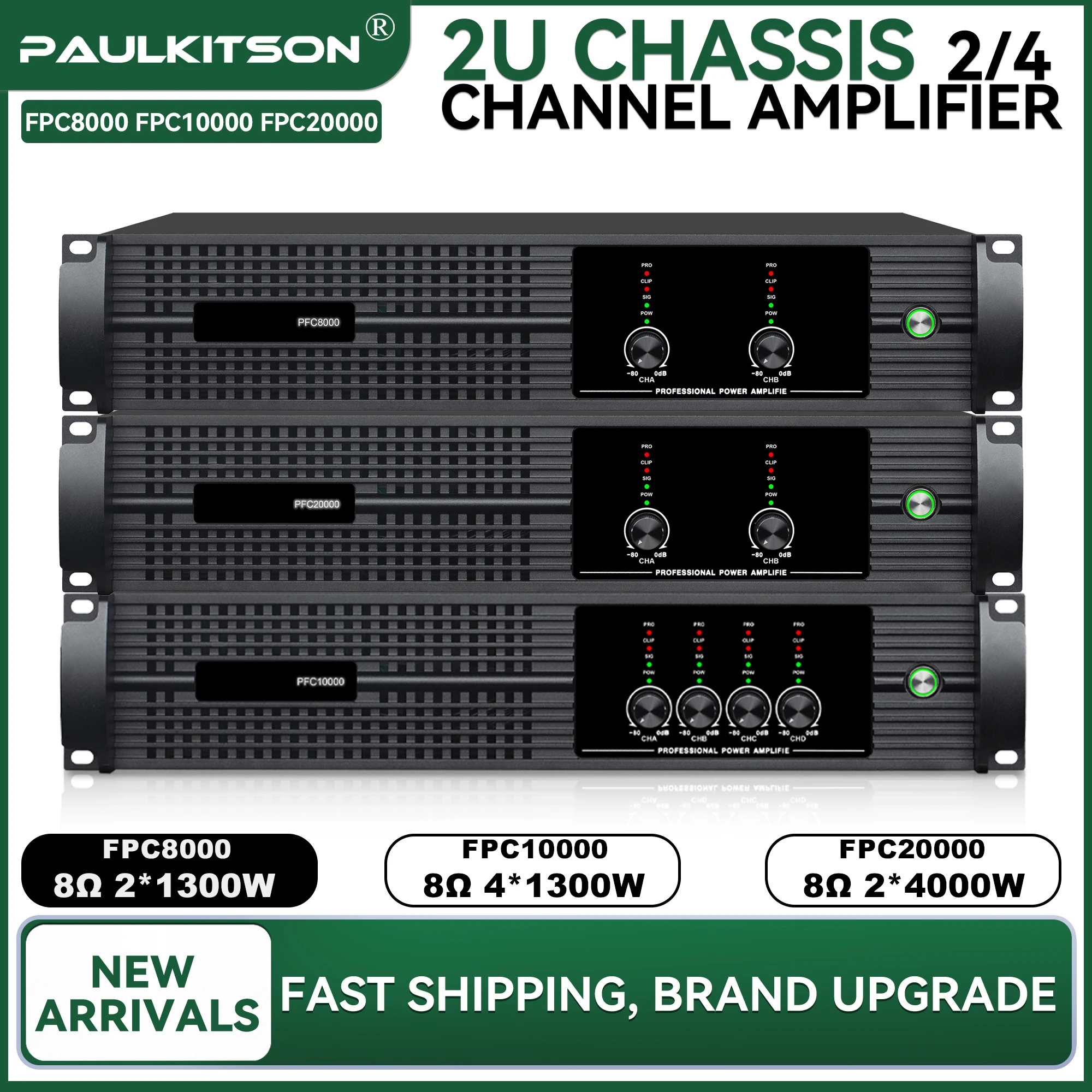 Paulkitson FPC Series Professional Power Amplifier 2/4‑Channel 2U Chassis High‑Power Unit for Stage Bar DJ Live Karaoke Events