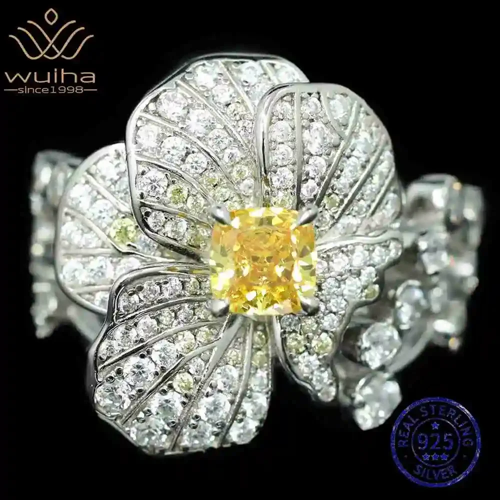 WUIHA 100% 925 Sterling Silver Lab Sapphire Citrine High Carbon Diamonds Gemstone Wedding Engagement Flower Rings Fine Jewelry