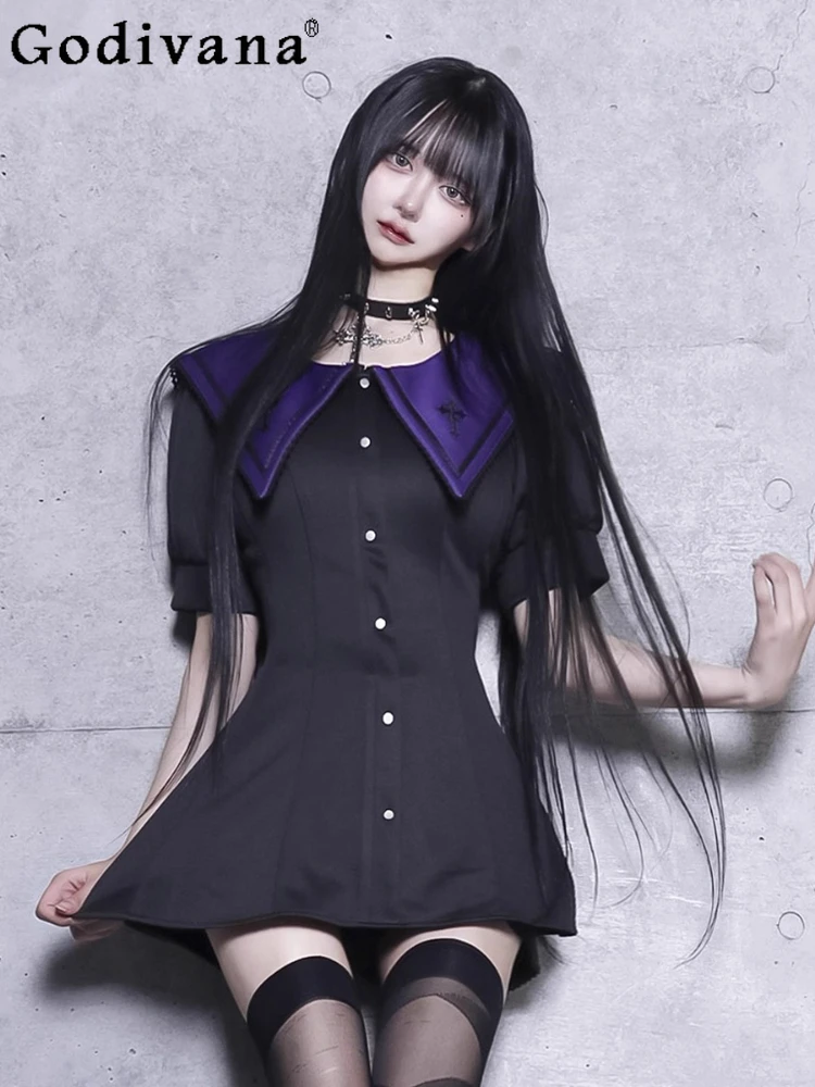 

Черное готическое платье в японском стиле, летнее милое крутое тонкое платье с отложным воротником и короткими рукавами для девочек, шорты, комплект из 2 предметов