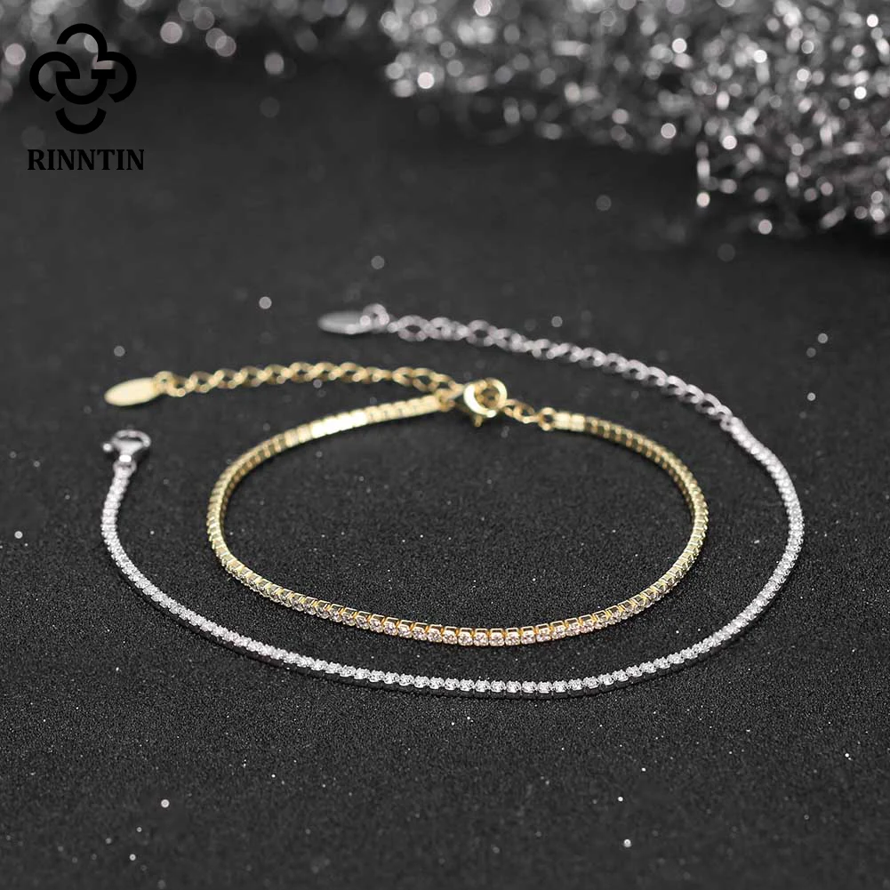 Rinntin Brilliant Tennis Bracelet 925 Sterling Silver 1.5mm Bazel Setting Zircon for Women Luxury Chain Bracelet Jewelry SB190