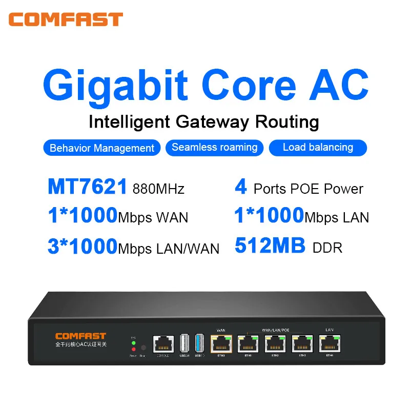 

COMFAST Full Gigabit AC Gateway Routing MT7621 880MHz CPU Wireless Roaming with 5 gagibit ports WiFi Project Management Routers