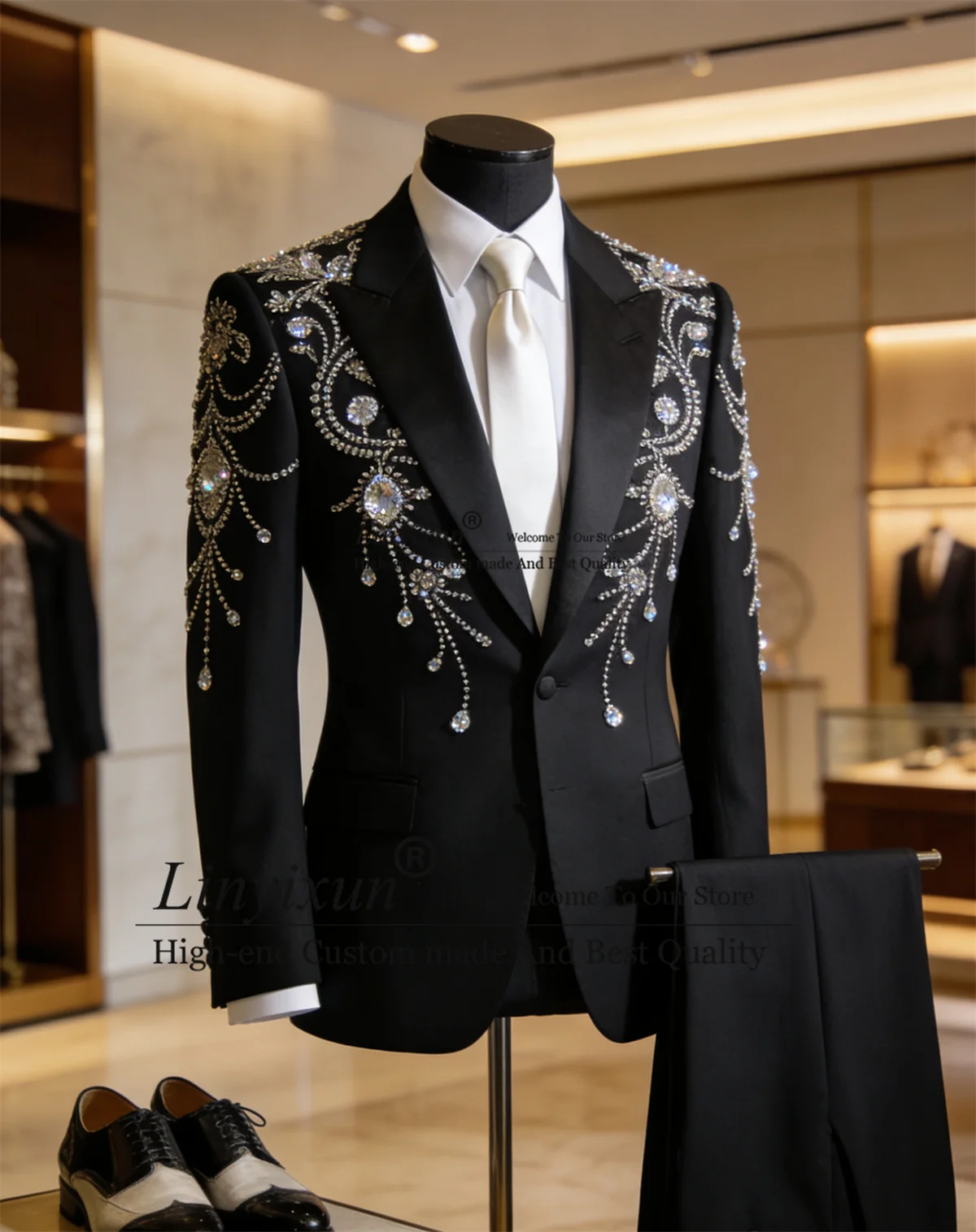 

Shinny Sequin Diamond Men Suits 2 Pieces Sets Party Groom Blazers Pants Outfit Customized Wedding Tuxedos Slim Fit Costume Homme