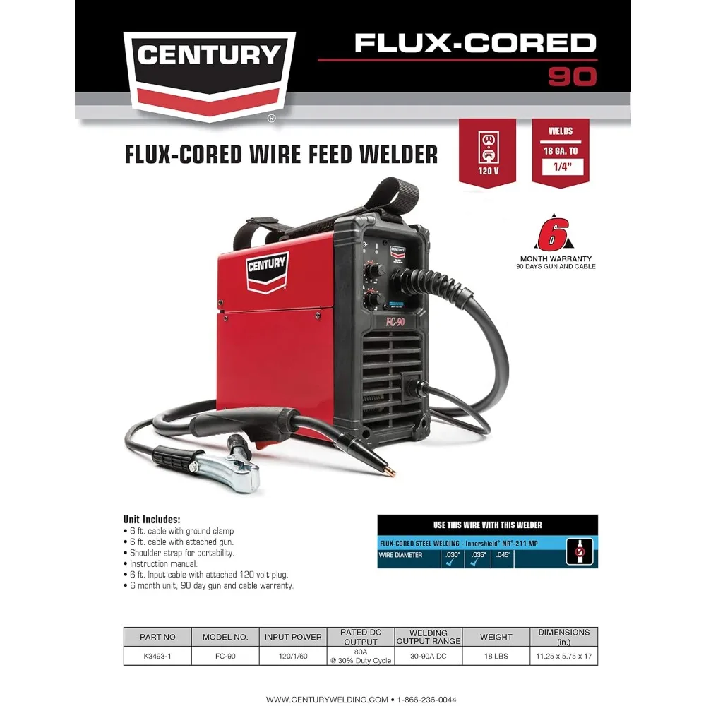 FC90 Flux Core Wire Feed Welder and Gun, 90 Amp, 120V, Inverter Power Source for Easy Operation, Portable Shoulder Strap