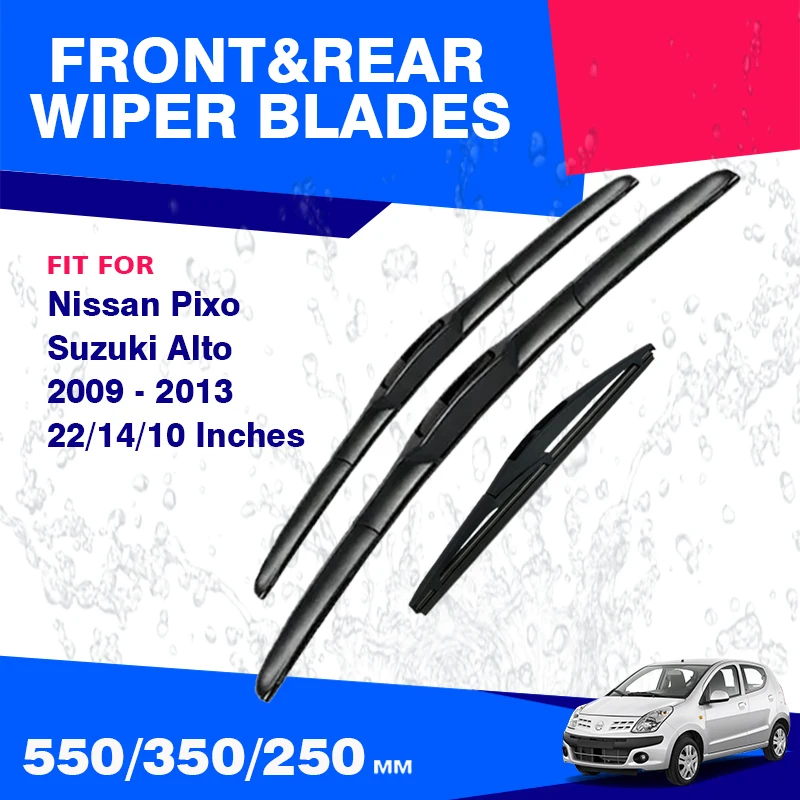 Front Rear Windshield Wiper Blades Set Kit For Nissan Pixo Suzuki Alto 800 2009 - 2013 Windscreen Window Accessory Wipers Rubber