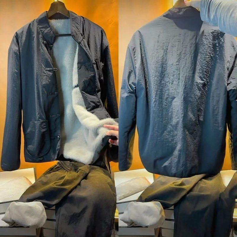 

New Men's Faionable Fce Lined Jaet with Button Design And Warmth for Autumn Winter Season Traditional Chinese Sle