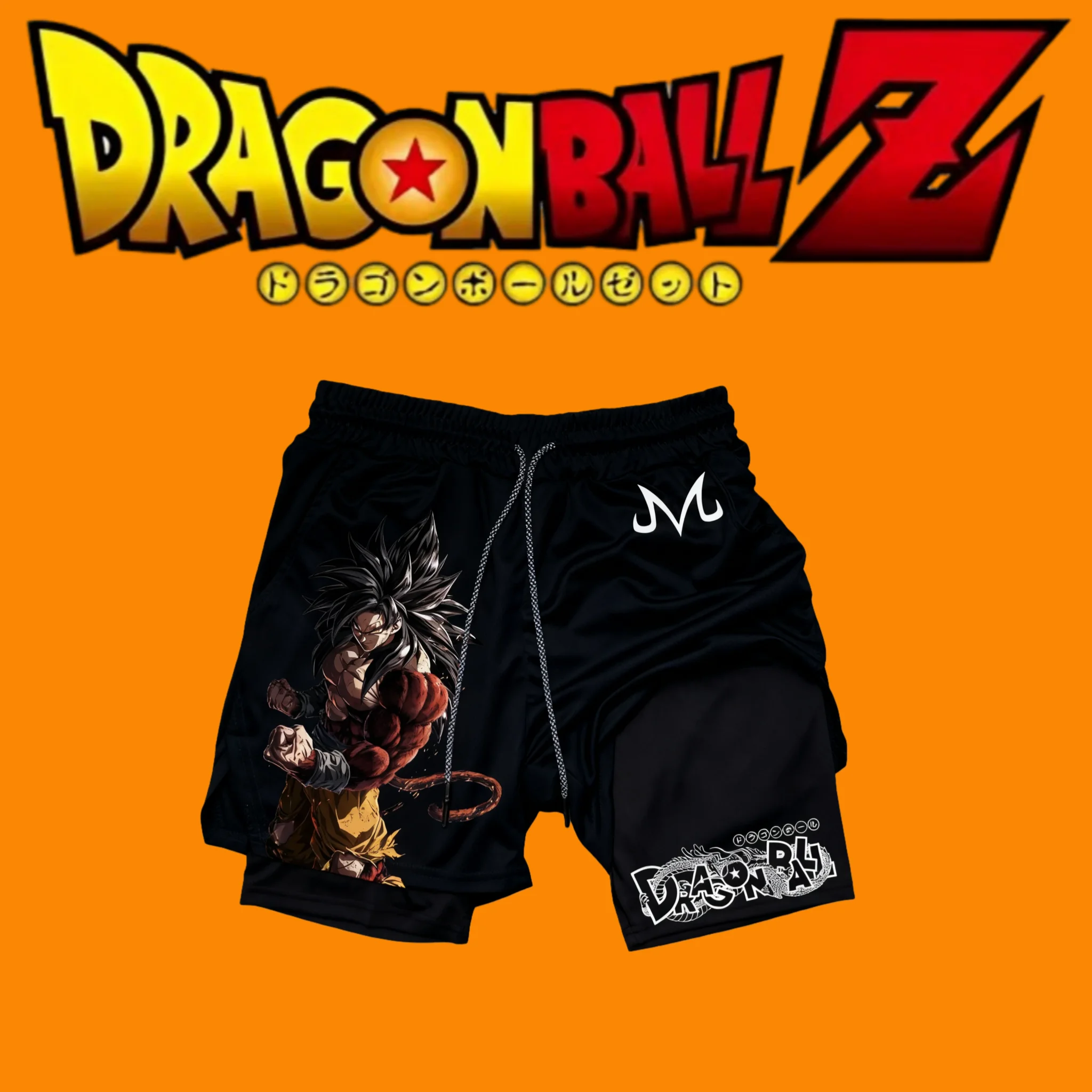 Dragon Ball Goku Anime Impresso Shorts de Dupla Camadas, Esportes Americanos Verão Impresso 100% Algodão Puro Falso Shorts de Duas Peças