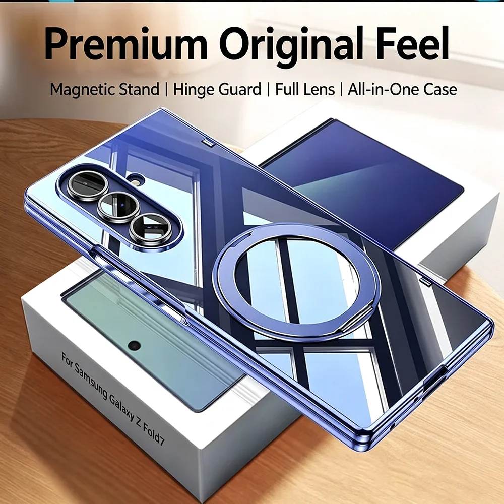 Luxury 360 Rotating Magnetic Transparent Phone Case For Galaxy Z Fold 7 Lens Protection Tempered Glass Film Drop Resistant Cover