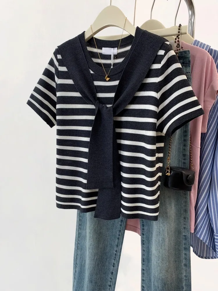 2025 verão novo manga curta malha topos design sentido nicho listra pulôver camiseta casual versátil solto topo