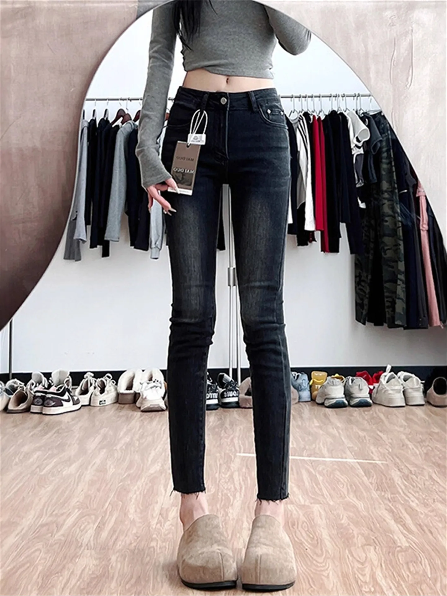 Retro American Grey Black Fleece Lined Slim Fit Jeans Women's Autumn Winter High Waist Cotton Stretchy Ankle Length Pants