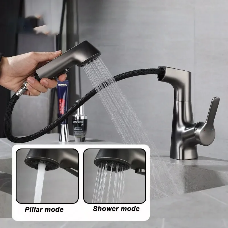 Pull Out Lift Basin Faucet 360° Lift Up And Down Faucet Bathroom Mixer Tap Hot Cold Water Washbasin Kitchen Sink Faucet Gun Gray