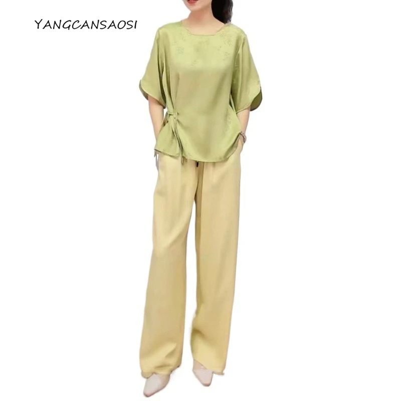 

Women's Casual Clothing Buckle 100%Natural Mulberry Silk Round Neck Half Sleeve Green Jacquard Bamboo Shake Light Shadow T-shirt