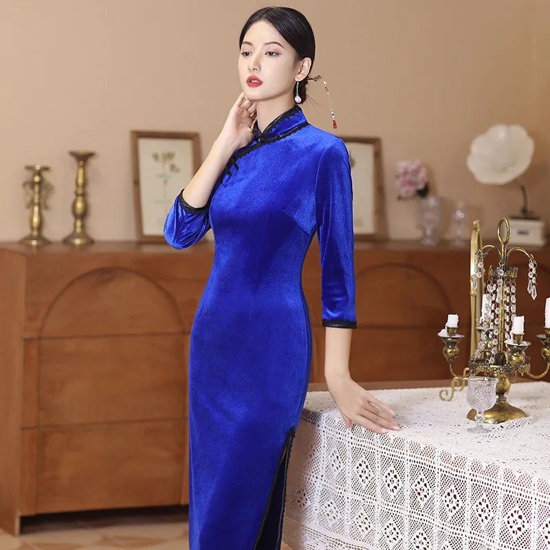 

Осень и зима, новое бархатное платье Cheongsam, модное синее платье размера средней длины с рукавами девять четвертей, банкетное свадебное женское платье