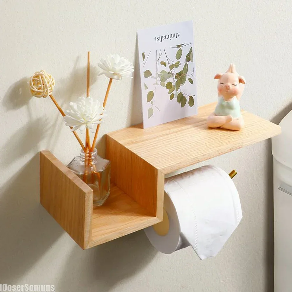 Tissue Holder Tissue Box Solid Wood Toilet Roll Holder Punch-free Wall-mounted Storage Box Storage Rack Bathroom Accessories