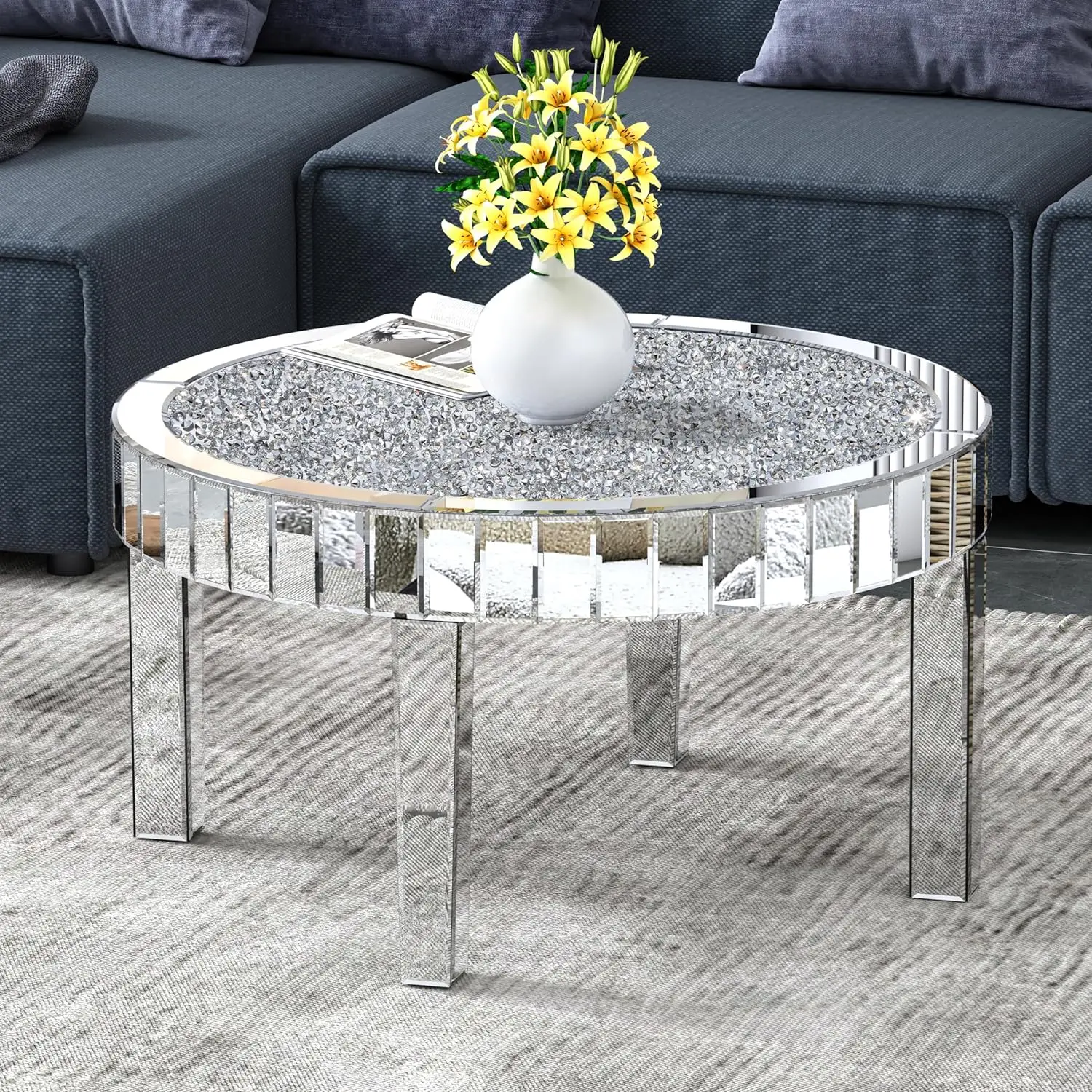Mirrored Coffee Table With Crystal Inlay, 31.5'' Modern Round Coffee Table With Mirror Surface, Silver Accent Table For Living R