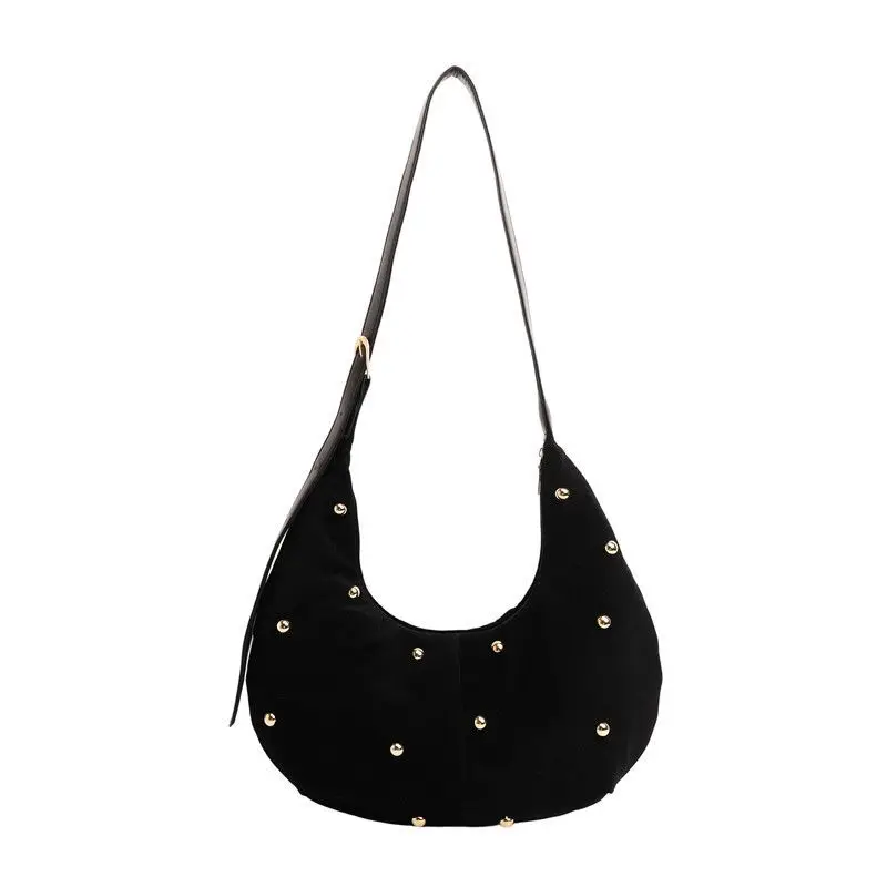 Black Red Green Coffee Brown Gold Studded Crescent Suede Shoulder Phone Purse Large Capacity Underarm Crossbody Bag for Women