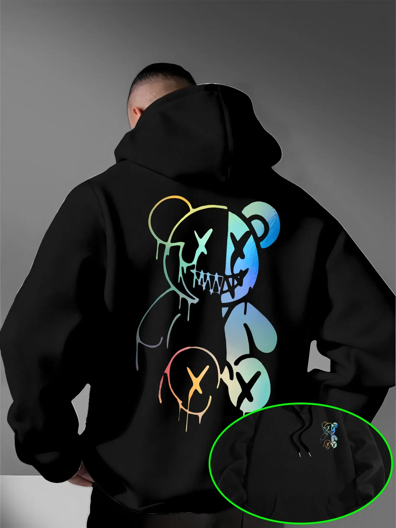 Loose Oversized Men Hoodies Holographic Split Evil Bear Front Back Dual Print Pullover Sweatshirt Dark Street Daily Hooded Tops