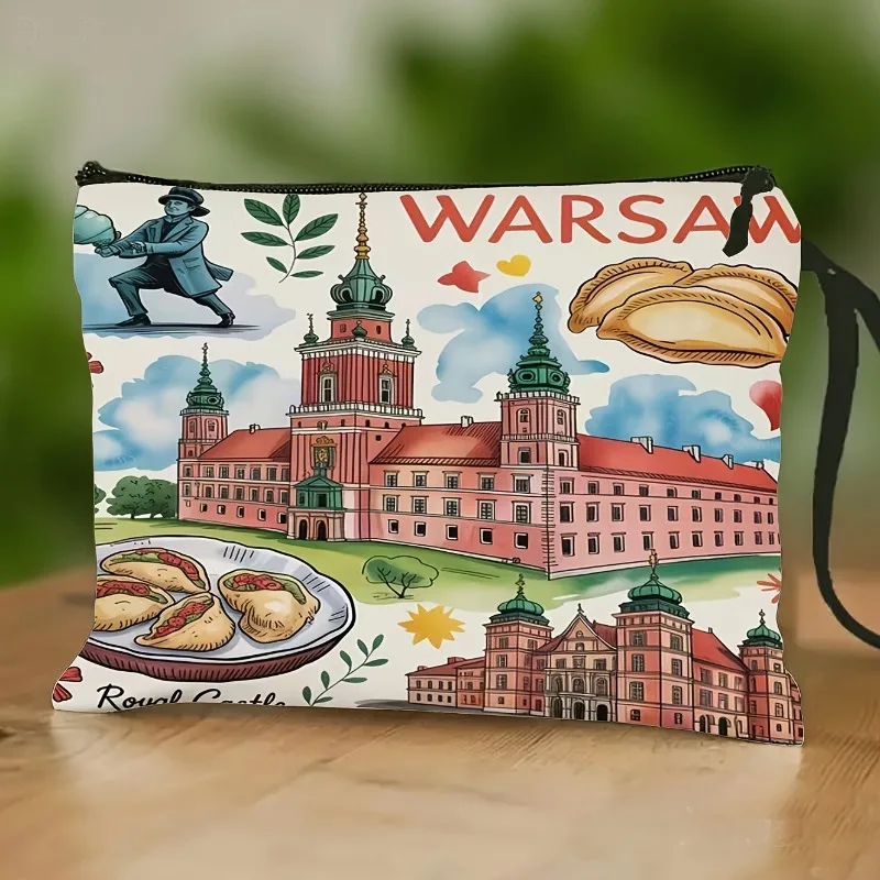 WARSAW Colorful Double-Sided Print Wrist Strap Cosmetic Bag, Lightweight Travel Coin Purse And Toiletry Bag, Showcasing The City