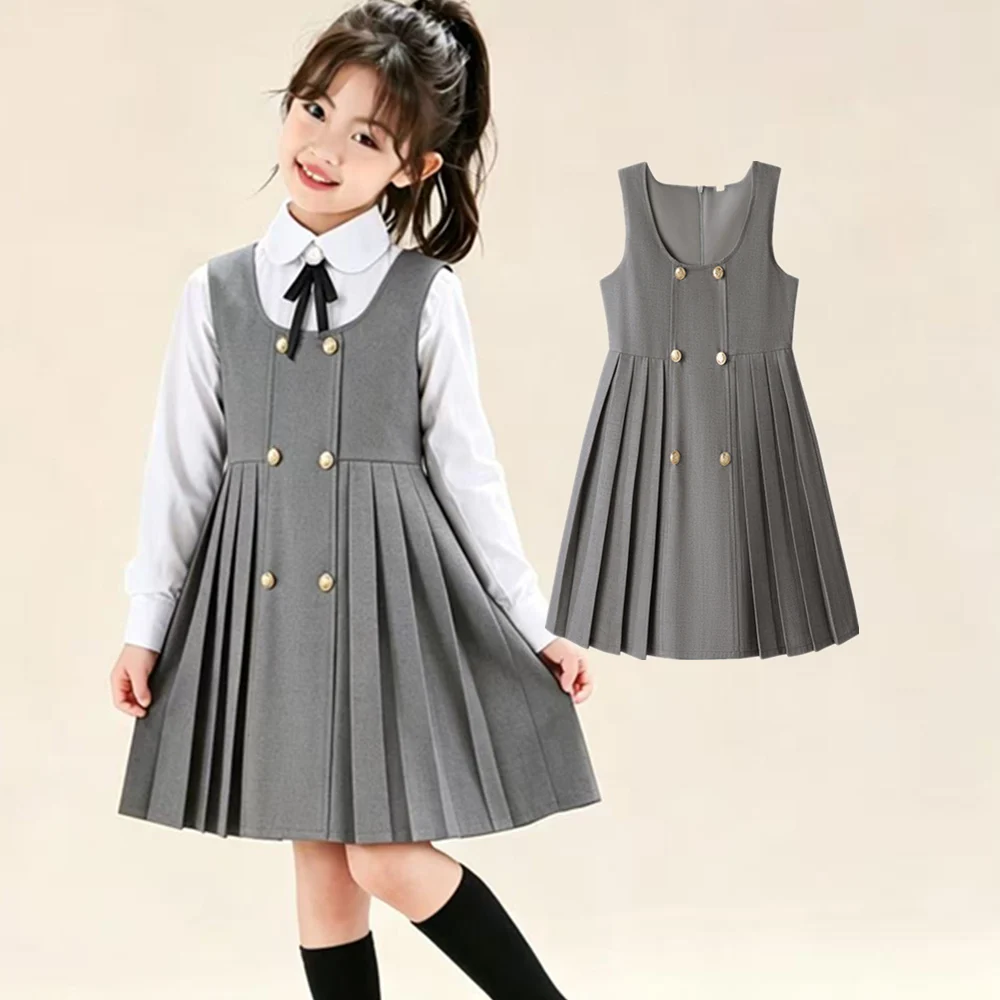 Elegant School Children Formal Blazer Pinafore Dress for Tween Girls Japanese Korean Preppy Design Kids Sleeveless Pleated Dress