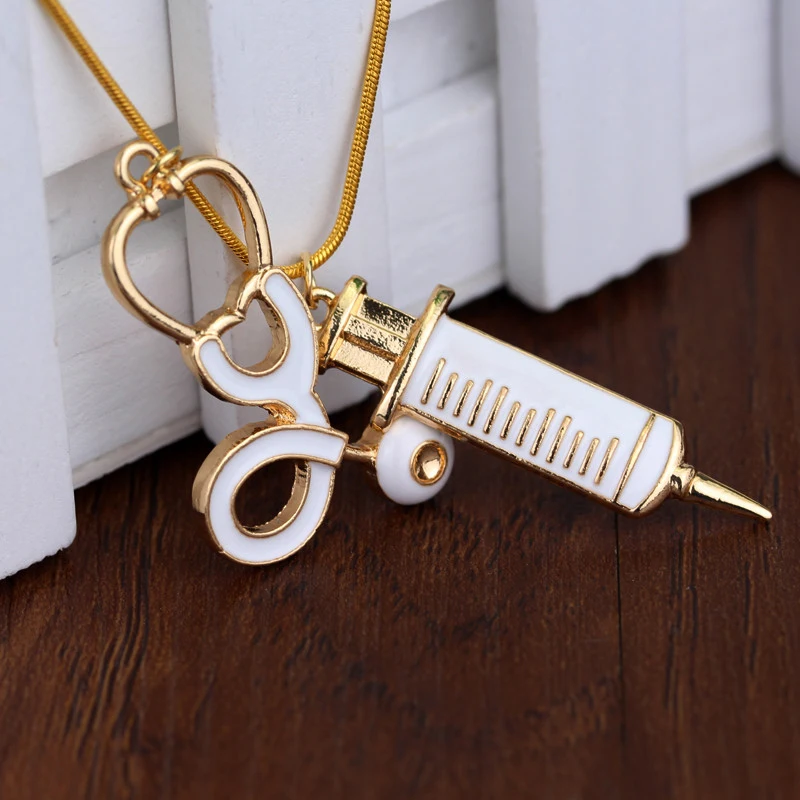 Trendy Metal Alloy Necklaces Medical Stethoscope Syringe Hospital Style Pendant Necklace For Nurse Doctor Visiting Patients