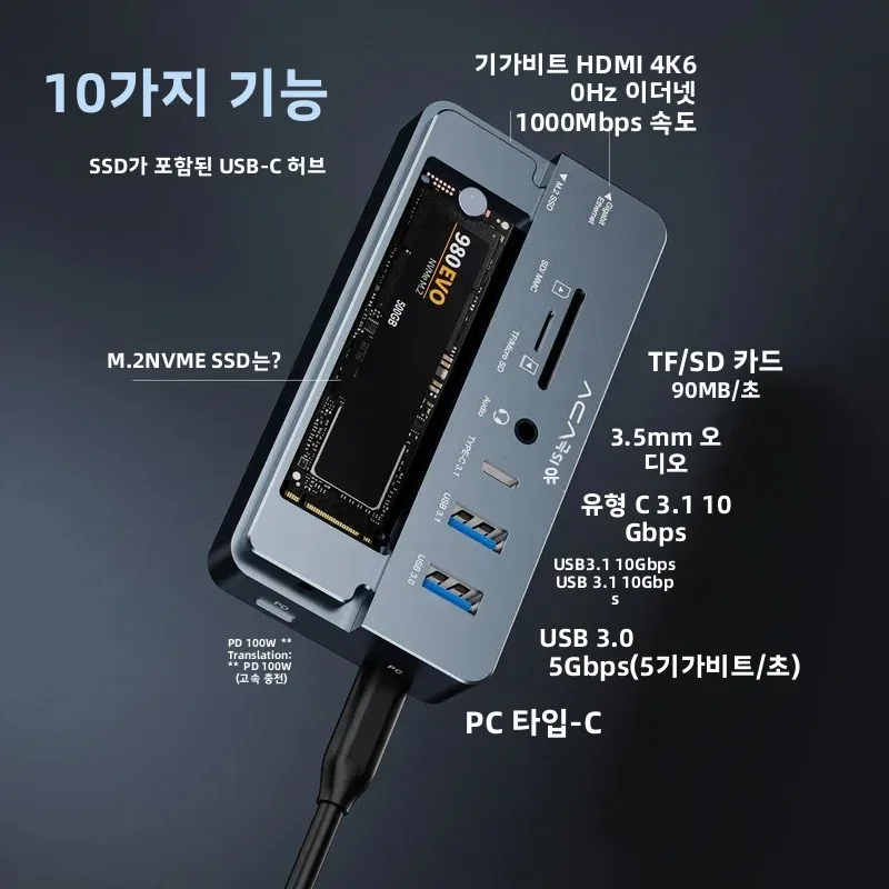 Acasis 10-in-1 도킹 스테이션 및 M.2 NVMe 외장 케이스 (HDMI 4K@60Hz, 100W PD, 1Gbps RJ45, USB-A 포트 포함)…