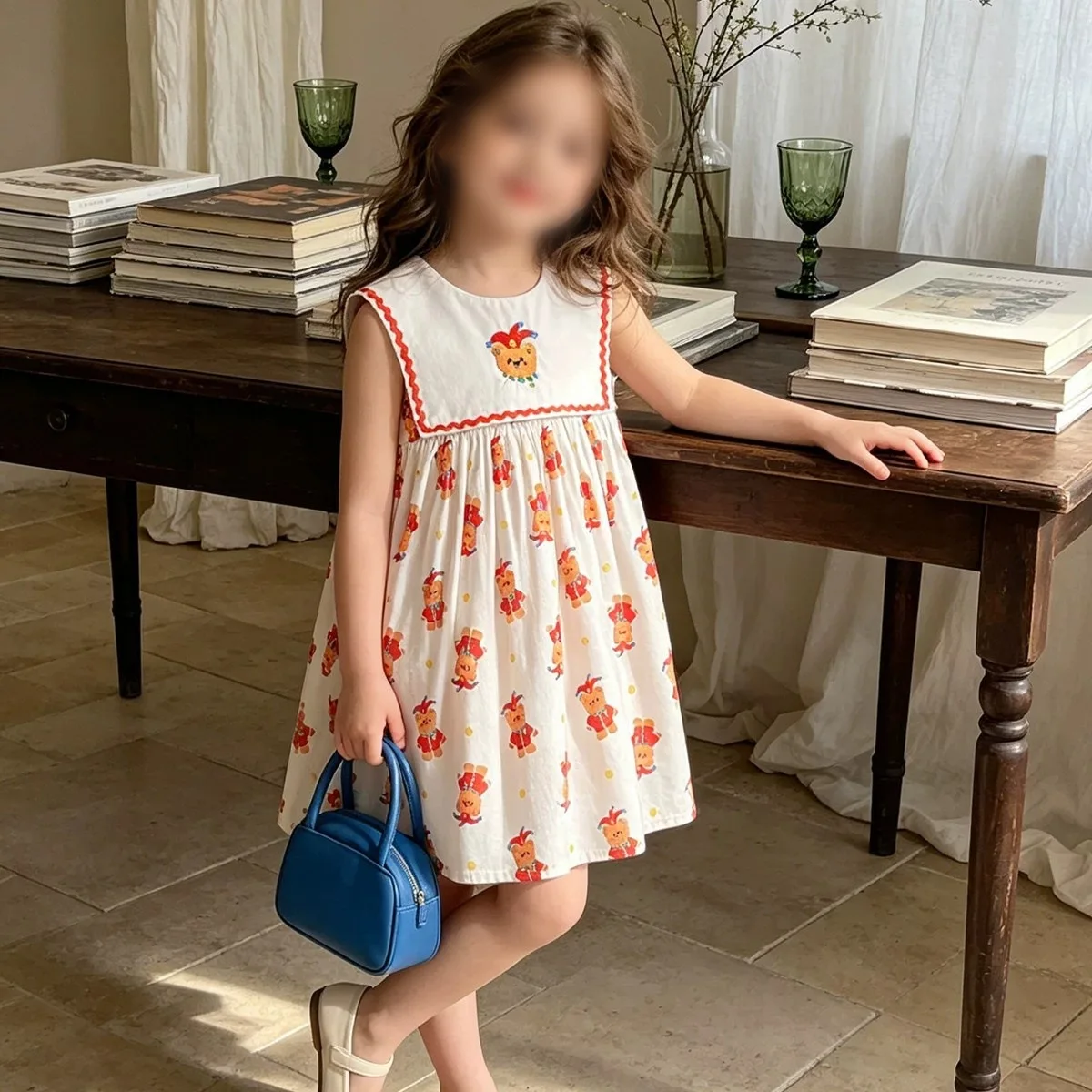 Girls' Navy Collar Cartoon Bear Dress 2026 Summer New Baby Tank Top Skirt Korean Version Children's Princess Skirt
