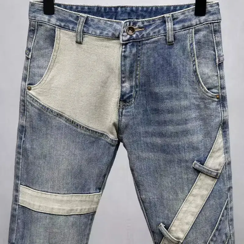 Jeans jeans stretch retrô lavado masculino, calça justa, moda de rua alta, estilista de hip hop, azul lavado