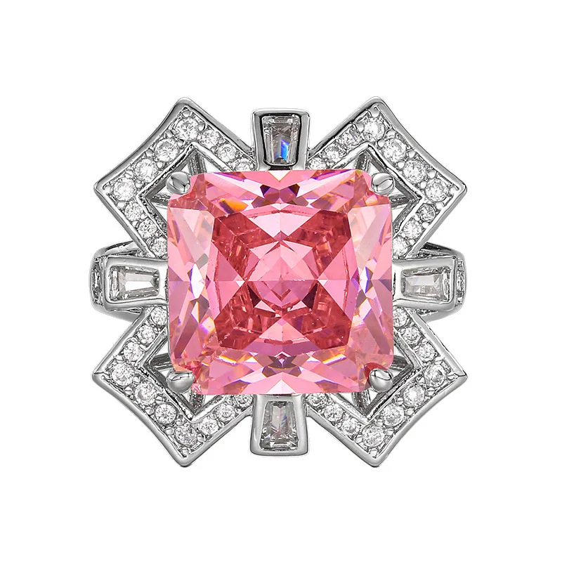 

Top Quality Square Pink Crystal Ring Women Jewelry Set Sweet High-end Stone Rose Flower Ring For Lady Wedding Accessories