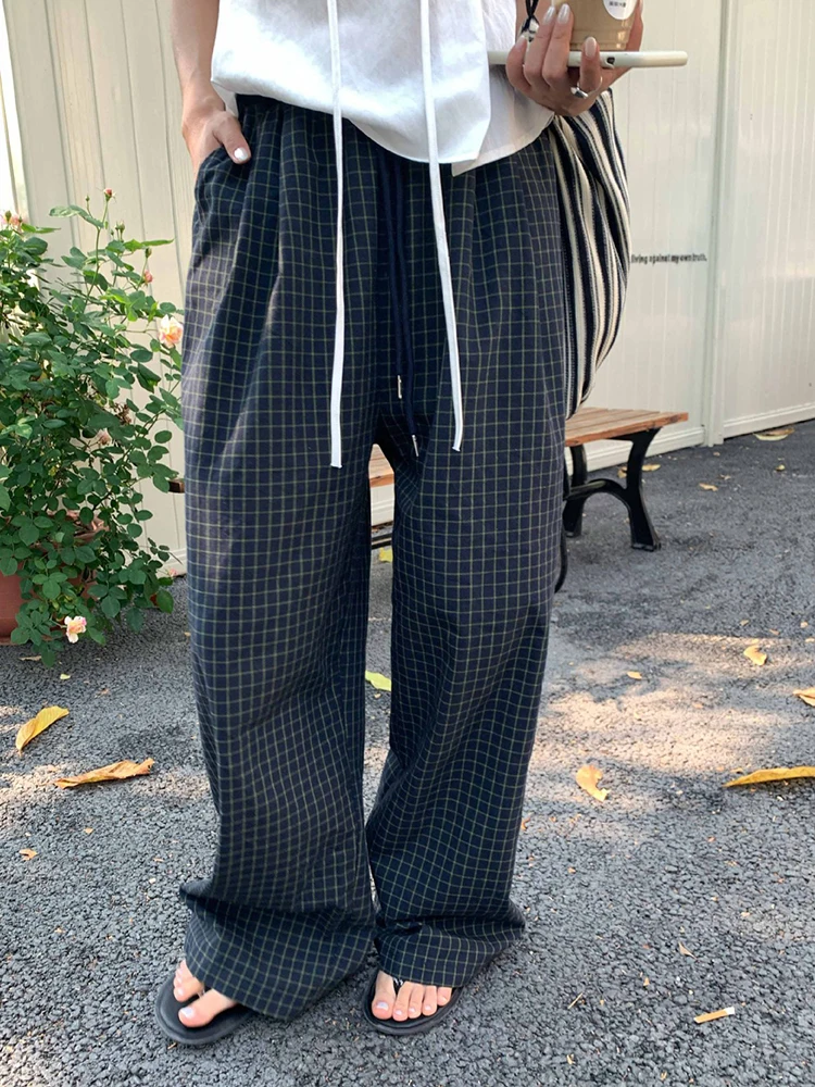 YERMORA Hoge elastische taille blauwe geruite trekkoord wijde pijpen broek voor vrouwen losse pasvorm nieuwe broek mode tij lente herfst 20