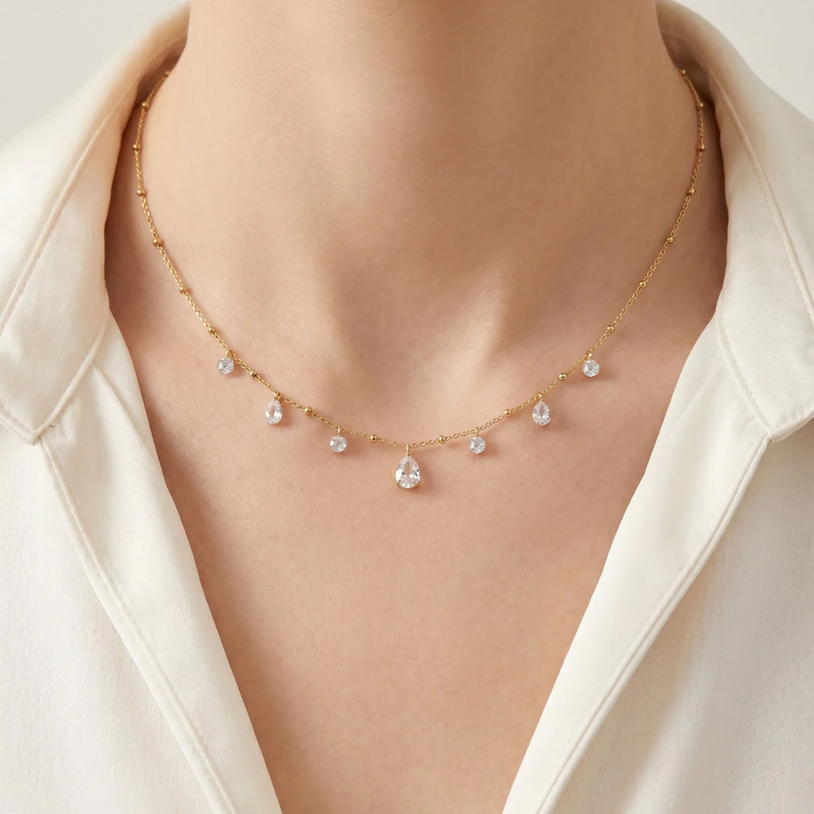 Dainty Teardrop Zircon Necklace, 18K Gold Plated Beaded Chain Adjustable, Waterproof Tarnish Free Choker Neck Jewelry Gift
