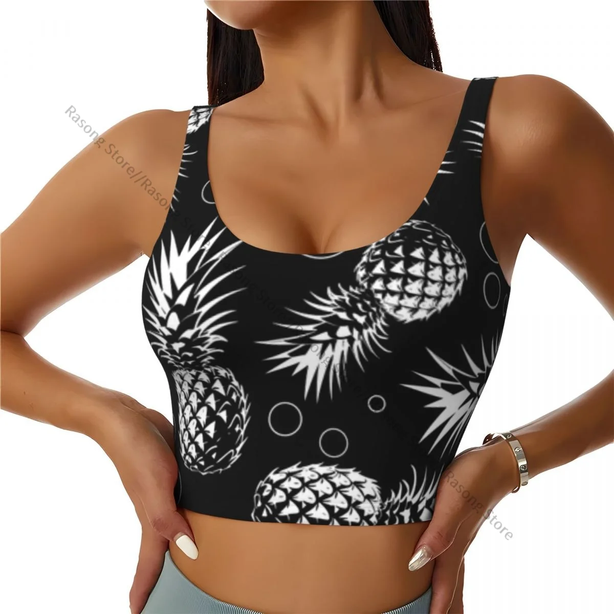 Yoga Vest Women Gym Sports Crop Tops Black And White Pineapple Streetwear Workout Breathable Tank Top Female