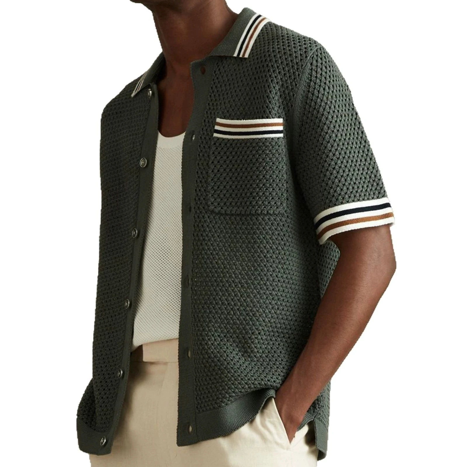 Men's clothing European and American summer luxury fashion new item hollowed out collar knitted cardigan casual polo shirt men's - Image 2