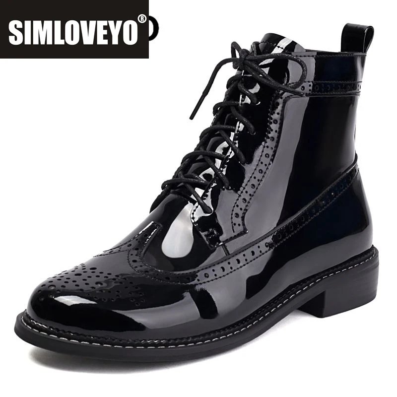 

SIMLOVEYO 2025 Блестящие женские ботильоны с круглым носком на блочном каблуке 3,5 см на молнии на шнуровке Большой размер 46 47 48 Летний стиль в британском стиле Bota