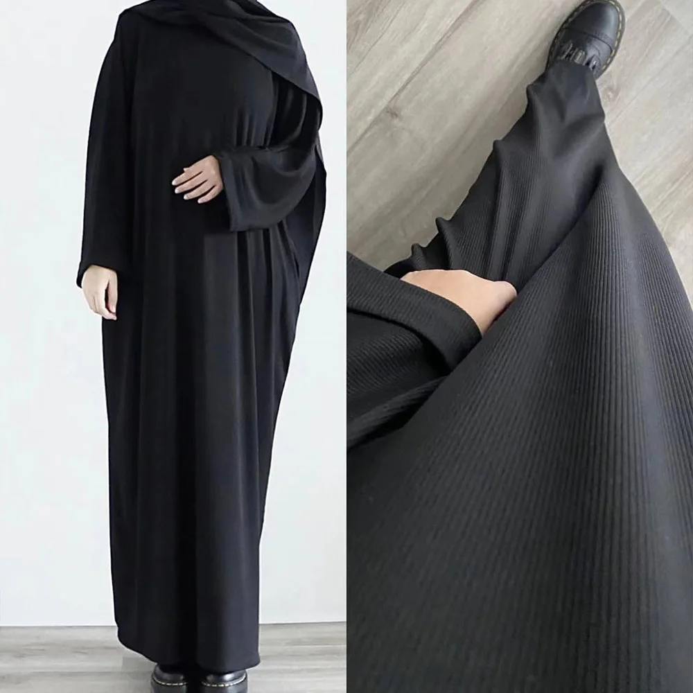 Saudi Arab Turkish Autumn Winter Knitted Dress For Women Jalabiyat Solid Comfortable Belted Casual Muslim Ramadan Robe