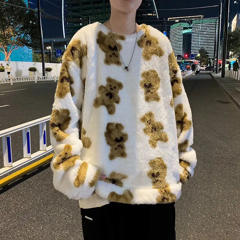 little bear Pattern furry Hoodie 2023 Winter Warm Plush sweet Pullovers Woman Vintage korean Style loose Sweatshirt sudaderas