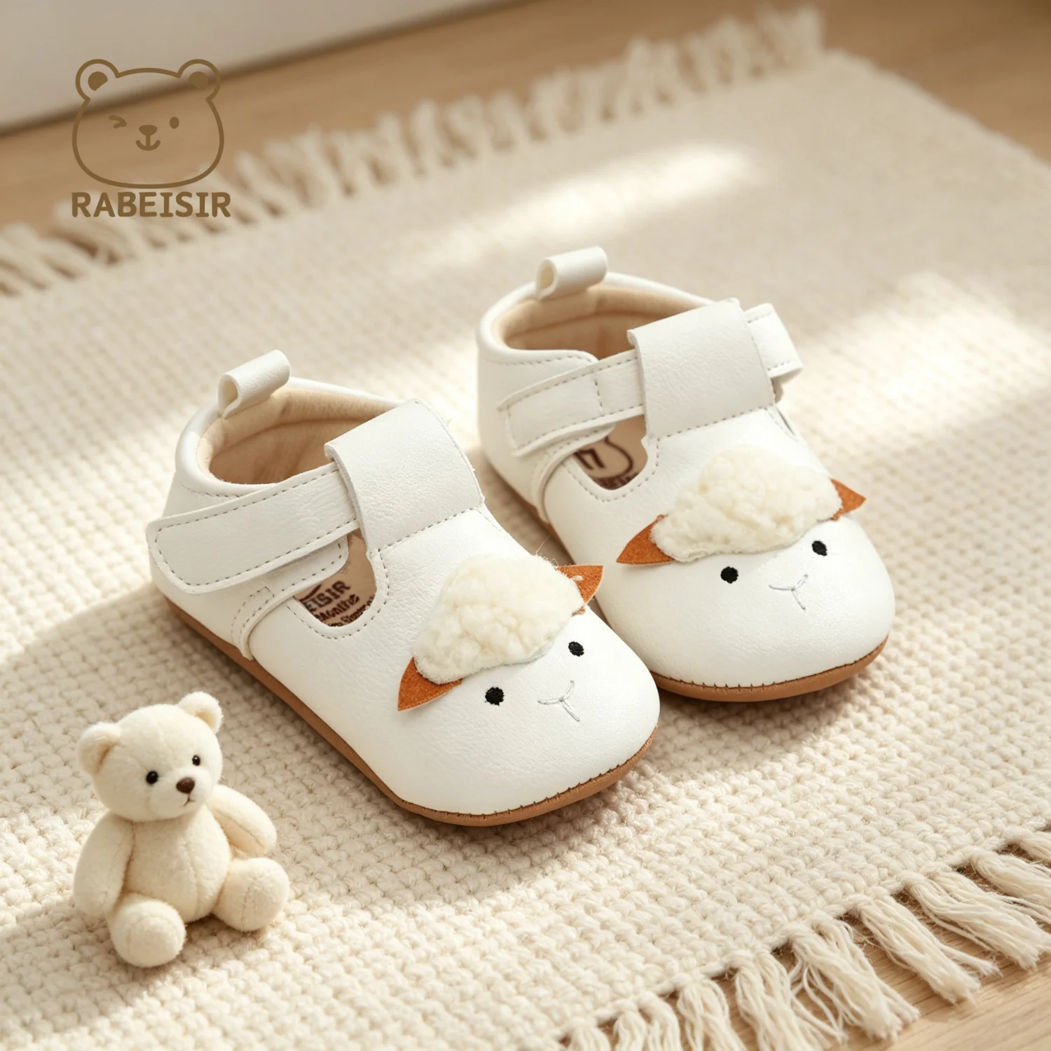 Cute Little Sheep 3D Decorative Baby Shoes with Velcro T-Shaped Design, Soft-Soled Walking Shoes for Baby Girls