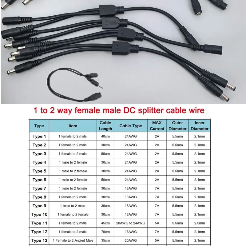 13 types 12v DC Male female Power supply Splitter Adapter to 2 way dual male Female Cable Plug 5.5*2.1mm 2.5mm 22awg 18awg wire