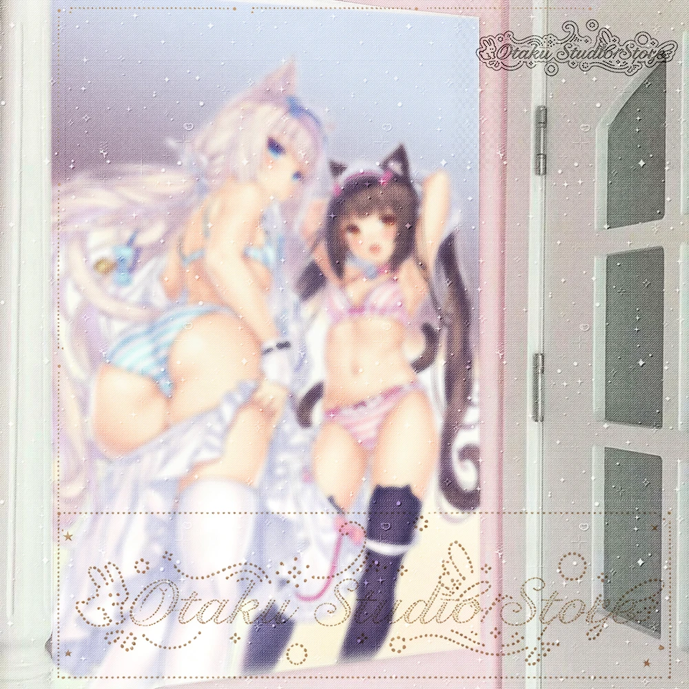 Twin Cat Girls Anime Tapestry Kemonomimi Maid Theme Aesthetic Wall Tapestryにこにこ Dual Cat Character Anime Tapestry Stripe Lingeri