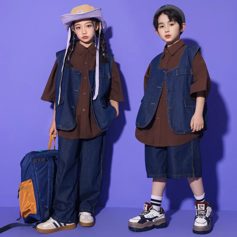

Kid Hip Hop Clothing Set Coffee Oversized Shirt Vintage Denim Vest Blue Jeans Pants Shorts for Boys Girls Dance Costume Clothes