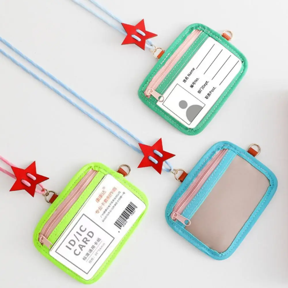 حامل بطاقات بسيط ذو غلاف ناعم ثنائي الاستخدام مع غطاء بطاقة تمرير الحافلة الحبل الشفاف لبطاقة الهوية والمكتب المدرسي