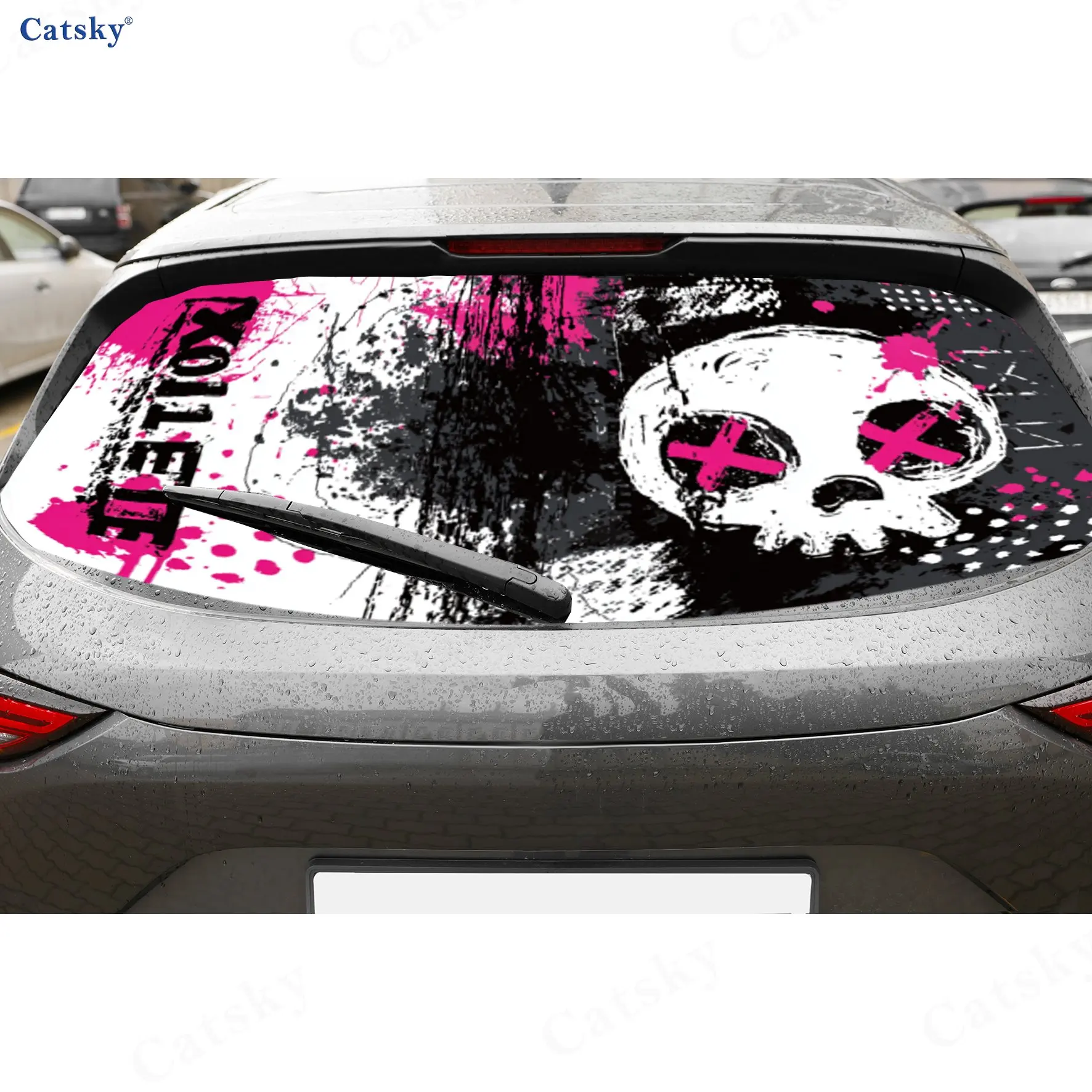 Splatter Pink X-Eye Skull PVC Perforated Car Vinyl Wraps, Durable Car Rear Windshield Sticker, Waterproof Car Rear Window Decal