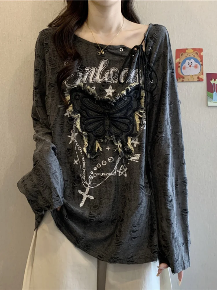 Women T-shirt Plus Size Butterfly Patch Long Sleeve T-shirt 2026 Spring Autumn Distressed Loose Print Drawstring Basic Shirt
