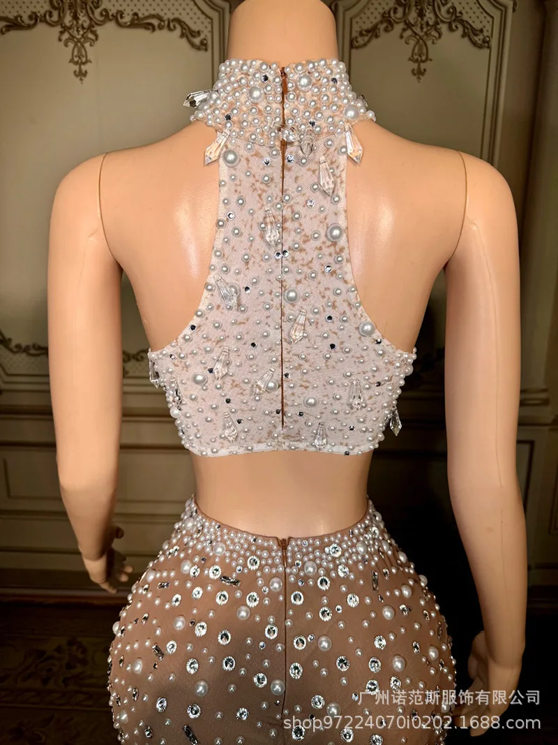 فستان فرنسي أنيق مزين باللؤلؤ الماسي عالي الشفاف لحفلات الكوكتيل وحفلات السهرة والولائم المضيفة فستان Abendkleid #5