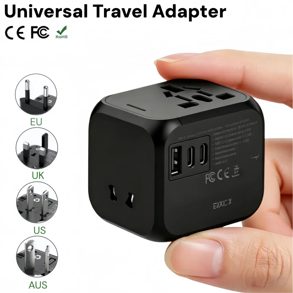 Adaptador de Viagem Universal com 2 USB e 1 Tipo C, Conversor de Plugue 4 em 1 para EUA, UE, Reino Unido, Austrália, Carregador Internacional para iPhone e Tablet