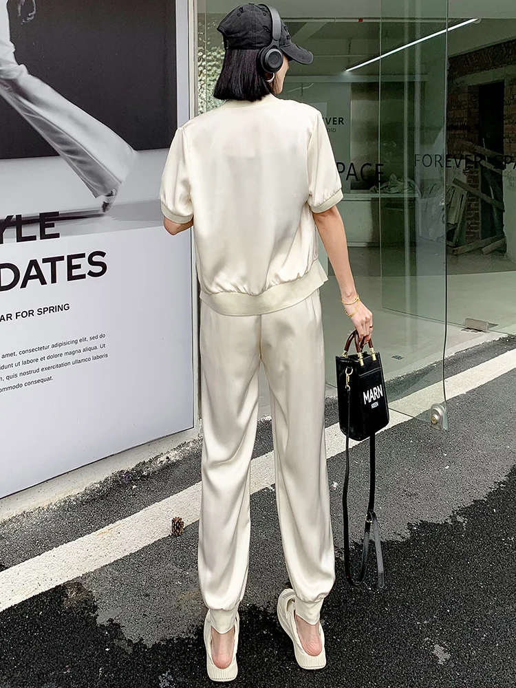 Moda francesa feminina legal seda 2 peça define estética cavalo impressão manga curta jaquetas calças de cintura elástica roupas de verão soltas