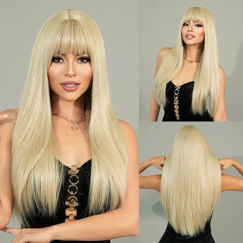 

Gray Blonde for Women, Long Straight Hair, Daily Synthetic Fiber Full Wig