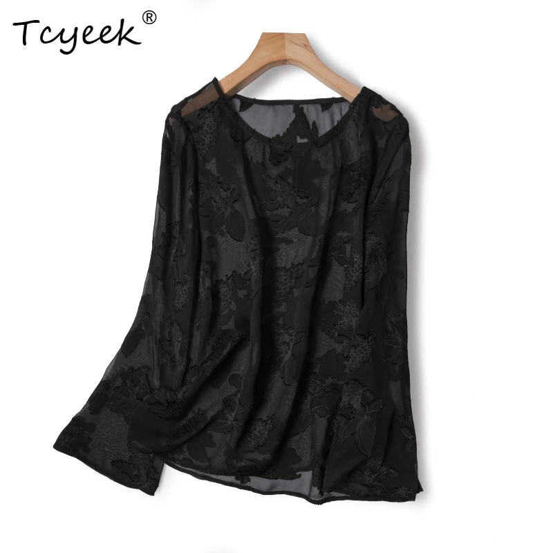 

Tcyeek 100% Real Mulberry Silk Summer Thin Sunscreen Round Neck Long Sleeved Black White Women T-shirts Футболки Женскиe 반팔 반팔