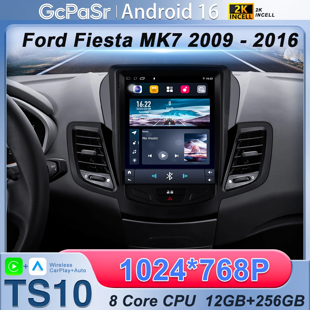 Android 16 carplay para ford fiesta mk7 2009 - 2016 9.7 Polegada navegação estéreo gps android auto sem 2din reprodutor multimídia wifi