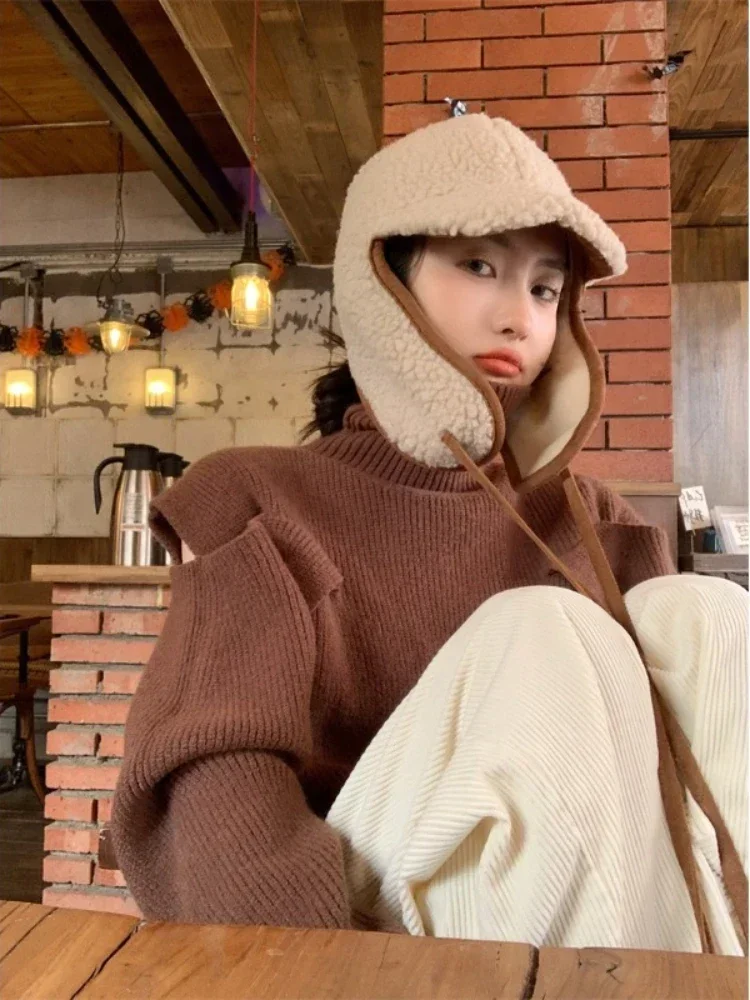 

Turtleneck Sweaters Women Autumn Winter Loose Knitwear Hollow Out Simple Designed Pullovers Streetwear Vintage Keep Warm Ulzzang