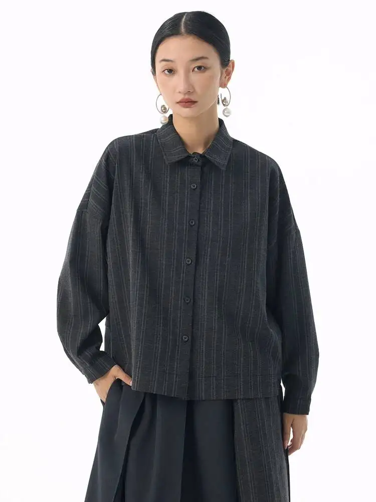 

Женская элегантная блузка большого размера в серую полоску с воротником-стойкой, новая модная рубашка с длинным рукавом для весны и осени