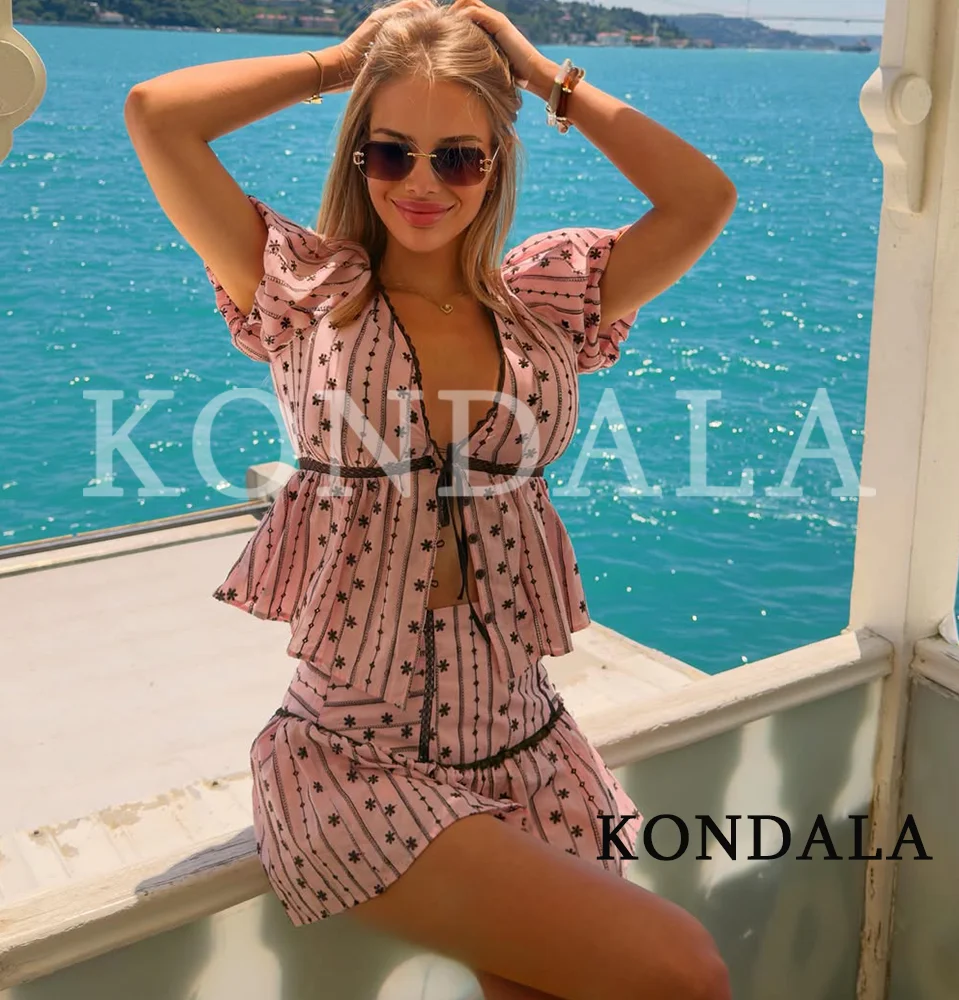 KONDALA Women Summer Chic Embroidery Skirts Set Holiday Elegant Lace V-Neck Shirt,Mini Culottes 2026 Trendy Party Sweet Cute Set - view 3